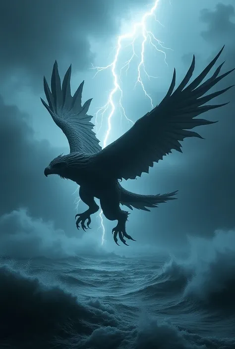 A hybrid of an eagle with sleek shark fins gliding through dark clouds above a turbulent sea, illuminated by a bolt of lightning.