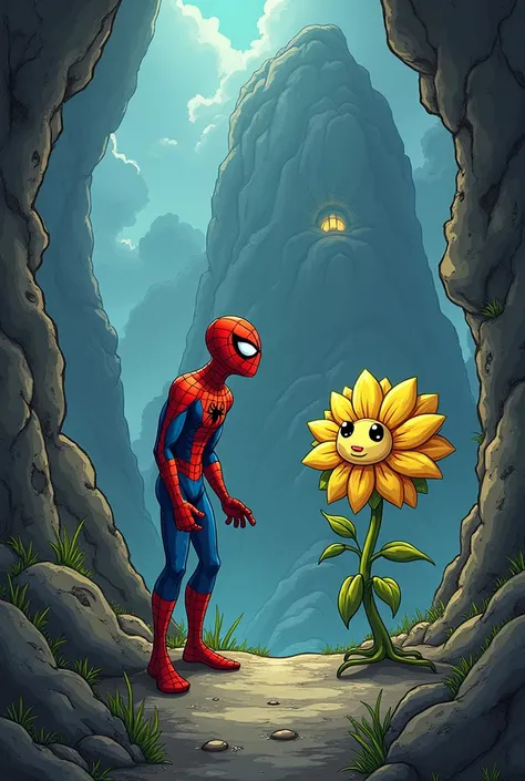 Spider-Man suddenly falls into the Undertale universe.  I found Mount Abbott there and went in there. Then I met Flowy the yellow flower .