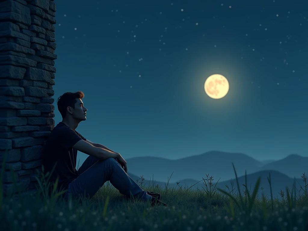 A man sitting on the grass, hugging his legs, leaning against the wall and looking at the moon from a distance