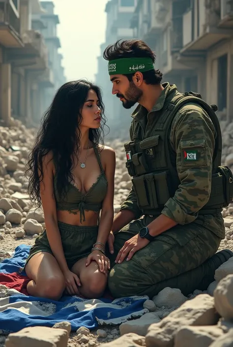 A stunningly beautiful Israeli Jewish woman with long, curly black hair, radiant skin, and captivating features, sitting on a torn Israeli flag amidst the ruins of a destroyed city. She is wearing a worn and torn IDF (Israel Defense Forces) military unifor...