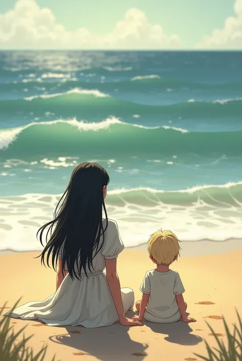  Long-haired woman with black hair , sitting on the sand, Watch the sea with a blonde child next door