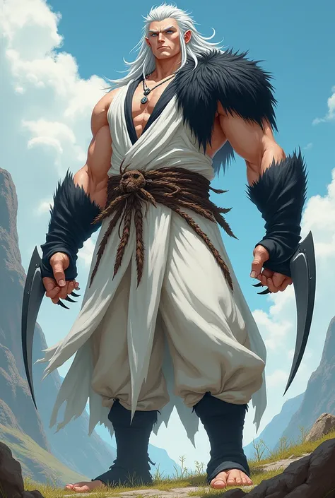  tall anime character , strong,  silver hair, pale skin, blue eyes, primitive white robes ,  claw blades on the hands ,  black bear skin sewn on the robes 