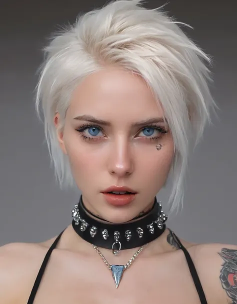 a woman with blue eyes, platinum blonde hair, short hair, spiked hair,   and a black choker with lights on her neck and a black choker with a chain around her neck, Artgerm, realistic eyes, cyberpunk theme, film screenscap, closeup portrait, sideways glanc...