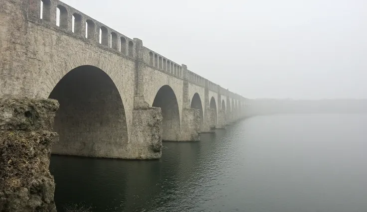 A mist-shrouded ancient bridge spans over a serene lake, its stone arches weathered yet standing strong amidst the ethereal fog. The image, possibly a painting, captures the mystery and timeless beauty of the scene. The bridge is intricately carved, adorne...