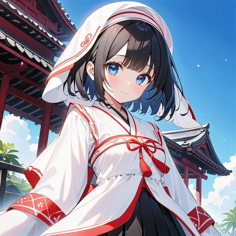 ( 1 girl), Short black hair,  cute face, Beautiful Skin,  shiny hair,  super detailed eyes ,Small breasts,White Shrine Maiden Outfit 、 Black Pleated Skirt、blue sky,front、 cowboy shots:1.5、