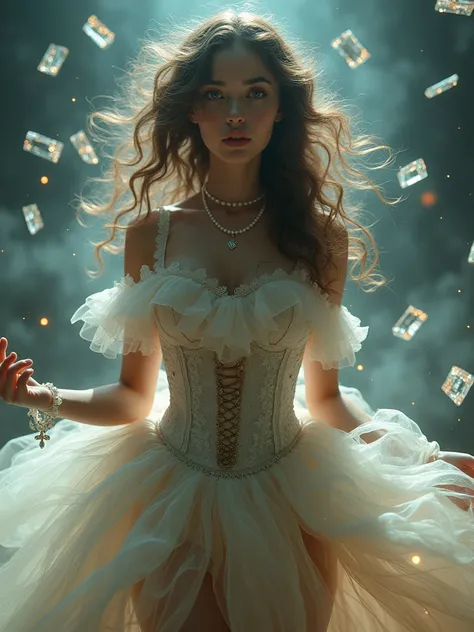  Very Gorgeous 、Extreme growth、 Shiny Crystals 、 Movie Lighting、 curly hair、 Roman Carl 、frills， Foggy、Alice、Dramatic composition、極端な詳細、 high definition 、A beautiful dress with lots of ruffles、Pearl necklace、Lace gloves、ribbon，  garter belt 、grimoire、Rubik...