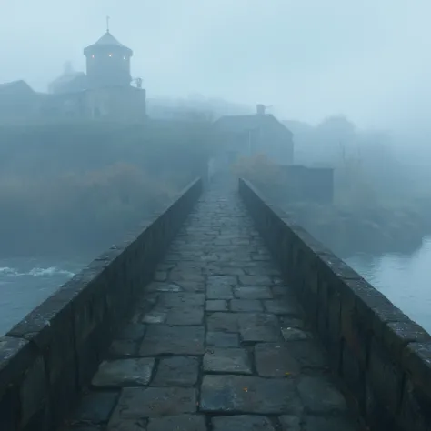 Ancient Bridge in the Fog, The ancient bridge connects the ancient towns on both sides, and the buildings of the ancient town are faintly visible in the mist. The stone pavement on the bridge has been polished smooth by time, and the river under the bridge...