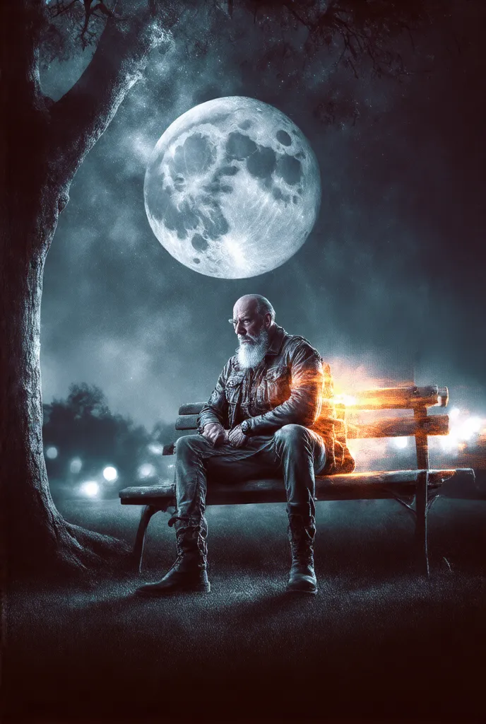 black and white photo , 53 year old bald man ,  long white beard , leather jacket, jeanshose,  cowboy boots , sits on a park ban...