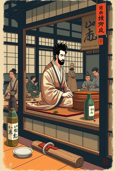 Edo periodの酒造りをイメージした絵,There are a lot of people, arafe image of a man wearing a kimono sitting on a bed ,Edo period, Feudal Japanese Art , Traditional Japanese Concept Art,Ukiyo-e style,