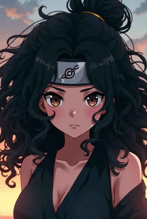 A  female anime character with big black curly and wavy hair with a naruto headband and in the naruto clothes dark brown half up eyes