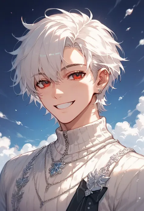 masterpiece,  is the best quality, Practical, 1 person, man, Mild,  Smile, Residence, portrait,  extremely detailed facial , ( Messy Short Hair ), (White hair), (Red Eyes），Soft white sweater，Unparalleled handsomeness