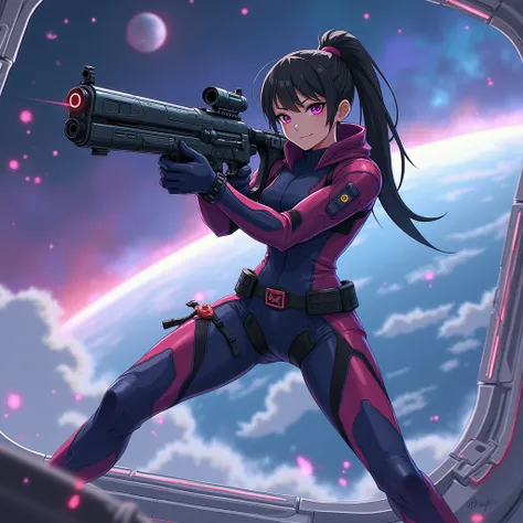  anime style .  2-handed machine gun ,  Halo style space .  On top of a space bench.