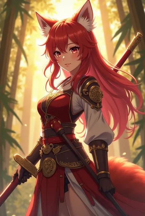 Here’s the prompt in English:

"An anime character with the spirit of a red panda, depicted as a warrior. She has vibrant red hair and fluffy red panda ears. Her armor blends traditional Japanese and fantasy elements, featuring red, white, and gold tones w...