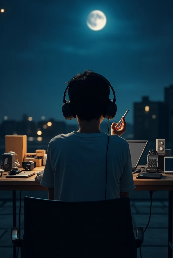 A 23-year-old boy is sitting on a chair, facing a table that has some boxes, a laptop, two phones, and an iPad on it. He is wearing headphones, holding a cigarette in his hand, and the photo is taken from the back. The moon is visible in the sky. With a fa...