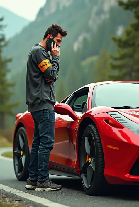 Messi calling In mobile while standing besides Punctures car Ferrari 