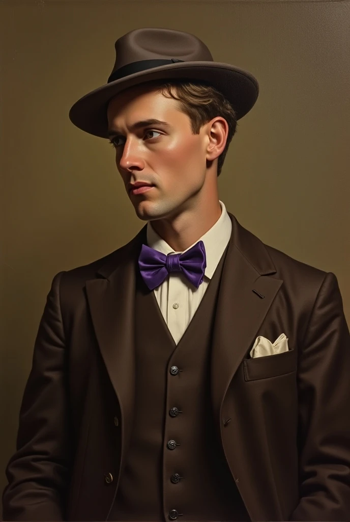 Create an oil painting of a man from the 1910s wearing a brown suit, a purple bow tie looking to the left 