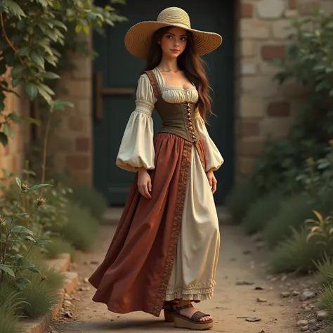 Full body shot of a latin paesant girl in her 20s, petite, brown hair, freckles, pale skin. Wearing wedge cork-soled platform sandals, a wide skirt, a wide 17th century shirt, a corset and a straw hat. Detailed feet, photorealistic