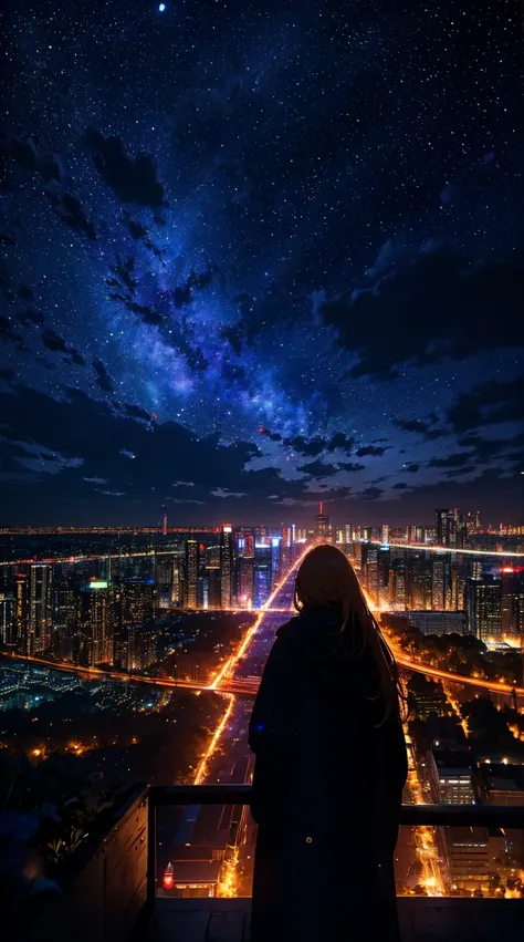 １people々々々々,  Blonde Long Hair ，woman， long coat， silhouette，  rear view of posture，Space Sky, milky way, Anime Style,  An Urban Boulevard with Christmas Decorations， and the number of glittering lights all around 々，Night view of the city from the center o...