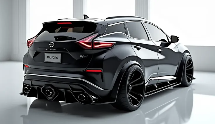 create an ultra-detailed 3D render of a modern, close-up back view of 2025  Nissan Murano with a bold design . The car should feature a Gleamy black color with a Nissan logo on its back, and sleek taillights. The body should be wide and expanded in glossy ...