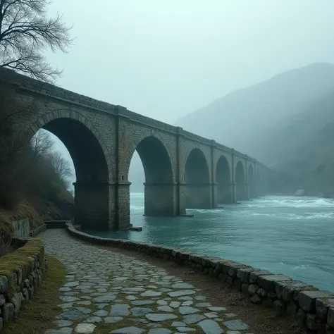  we are standing on an old stone-paved road leading to the bridge  ( from the Roman Empire ), in front of us is an ancient stone bridge (great Roman Empire )  leading to the other side of the wide river , its other end is hidden in the fog , the bridge is ...