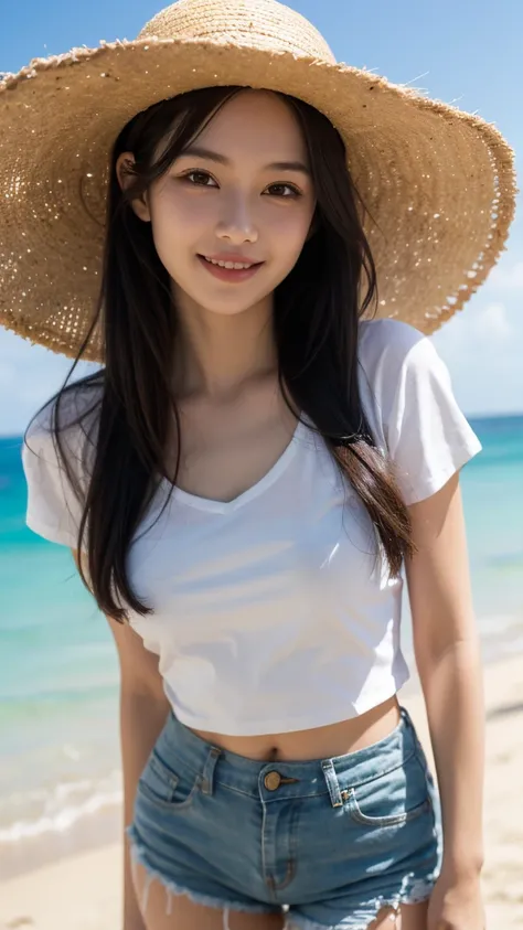  high resolution ,  Ultra HD,  high detail , on the beach,portrait,Women,long hair, ,straw hat,Smile,  short shirt,Waist,shorts, watching people ,Hand made 