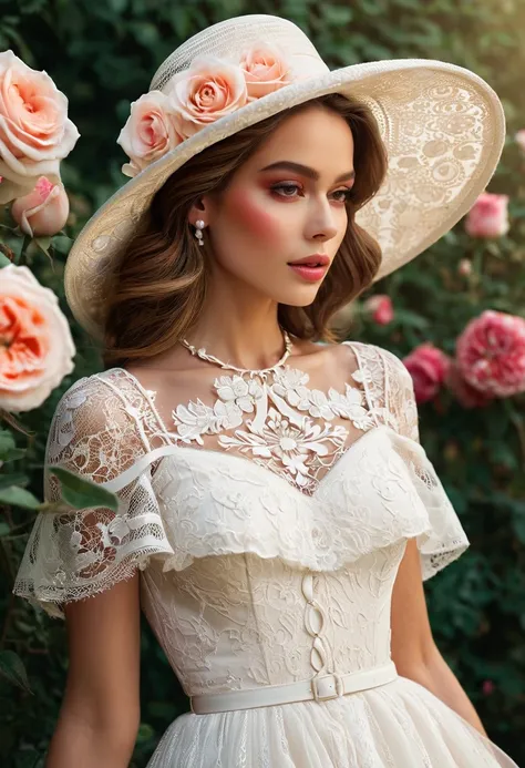 Elegant woman, splendid white dress, fashionable hat, vibrant makeup, sophisticated style, feminine delicacy, lush rose garden, soft and pastel tones, gentle and warm lighting, focus on facial expression, detail in lace and accessories, high-resolution dig...