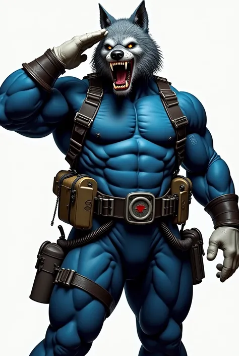 (A rugged beefy very muscular bulky chubby old man), (wearing blue wetsuit), (wearing realistic roaring wolf mask), saluting, wearing rebreather, wearing bulky scuba gear, muscular physique, toned muscles, fierce, heroic, action, comic artstyle, bulky best...