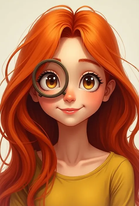 1 ,  Long hair , reddish redheads smiling brown eyes holding the magnifying glass up to their eyes