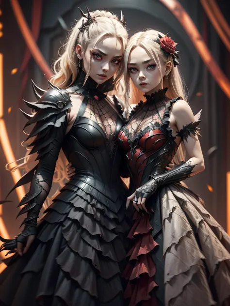 spider girl. lady. twin drill hair. blonde hair. red eyes. horror eyes. black and red dress. frills. dark fantasy. multiple arms...