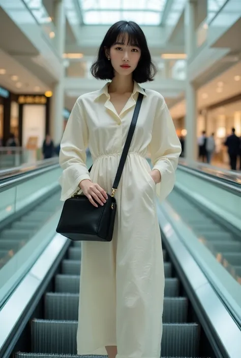  Realistic photo of a Korean woman with short black hair with bangs , memakai long dress anggun bahan linen motif kotak kotak ,  white sports shoes and black short socks  , black big sling bag  ,  standing on the escalator of a shopping mall or mall  