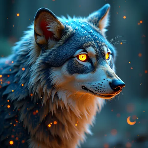 Create an extraordinary and surreal mystical animal portrait that blends realism with fantasy elements. Select a powerful animal—such as a wolf, owl, or tiger—and reimagine it as a cosmic or magical entity. The animal’s fur, feathers, or scales should feat...