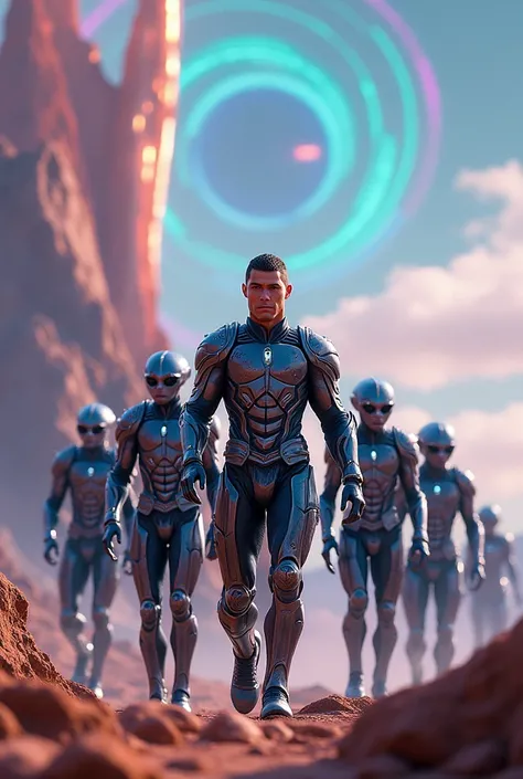 Ronaldo wearing armor walks with 10 aliens on a shining and Aurora planet 