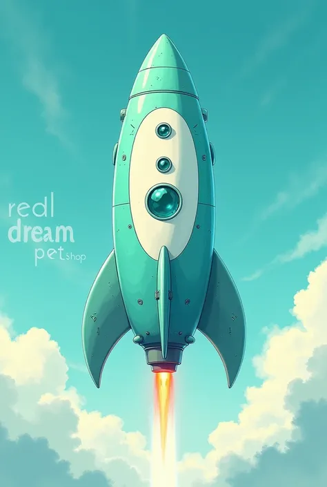 Imagine a teal and white rocket in a drawing written “real dream pet shop” in the middle
 