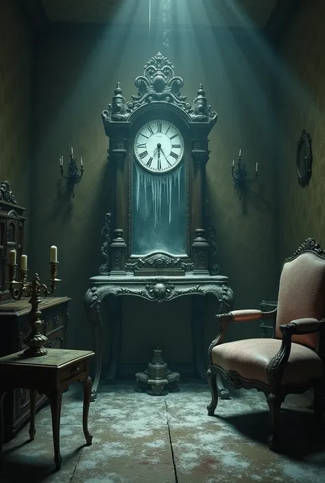 antique room with broken and freezing clock