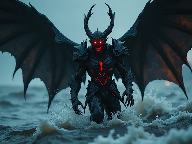 Ultra-realistic 8K cinematic scene, rich in detail: a dark, menacing angel with glowing red eyes and a scorpion tail, emerging from the stormy sea. The angel is clad in intricate, black armor, designed with sharp, ominous edges and dark, reflective surface...