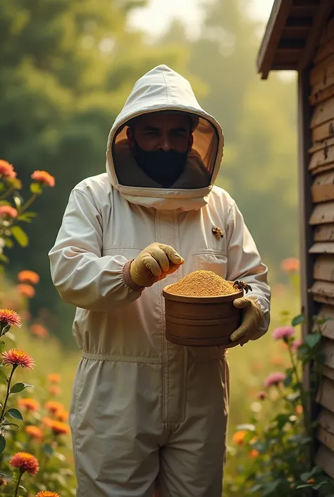 Beekeeper holding a bee feed 