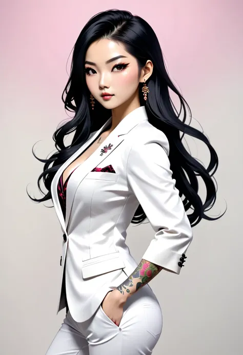 Create an image of the most stunningly gorgeous beautiful feminine young Korean yakuza, Korean yakuza tattoos, long flowing black hair, light makeup, lip gloss, stunningly gorgeous beautiful feminine face, perfect hour glass body figure, perfect breast, su...