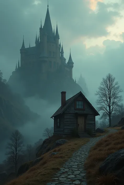 A house standing alone in the dark, aerial view, fantasy of another world, wooden house, chimney, simple, a large castle in the distance, a gorgeous castle of longing