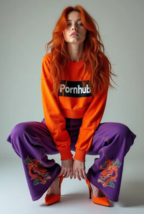 Full body A white woman with long loose red hair , wearing a unique brightly colored sweater that reads pornhub ,  poses squats on her side in wide purple jeans with a dragon printed on one side with an orange stiletto