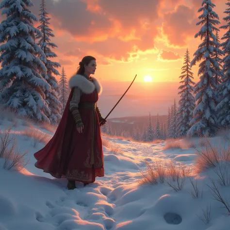 An 1 young woman, hunting in the snow. She wears clothes from the 800s. amazing snow sunset