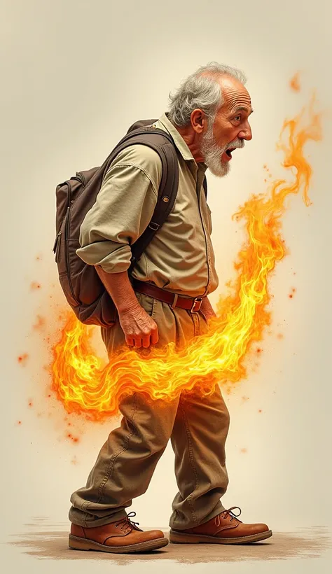 ((masterpiece)) ((photography)) ((Highest quality))  Create a humorous and slightly exaggerated illustration of an old man from the back. His backside is ablaze with flames, as if hes walking with a fiery trail. His clothing is casual, slightly tattered fr...