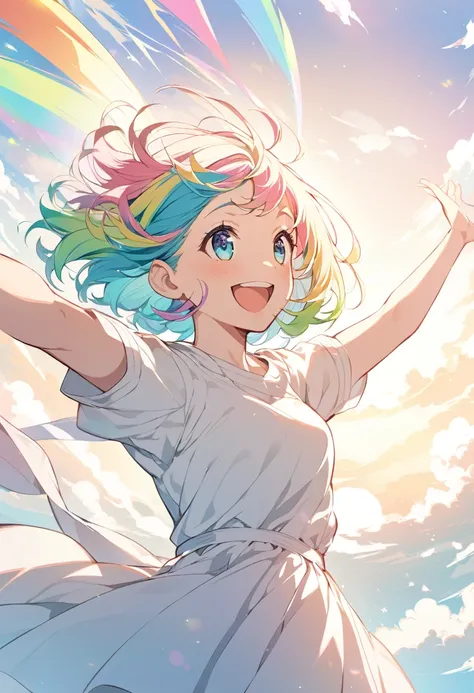 Bob-cut girl with rainbow hair,anime, Upshot,  beautiful eyes, smile , praise ,  wind blows, It&#39;s dynamic、 Vibrant Atmosphere , stare at me , masterpiece,  best quality,8k, Pastel Color , upper body
