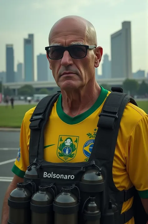  a 60-year-old man, White, bald man with glasses, Lean body,  wearing the uniform of the Brazilian soccer team written Bolsonaro,  this man is a bombing man is full of explosives , Behind him is the image of Brasília ,  capital of Brazil and the building o...