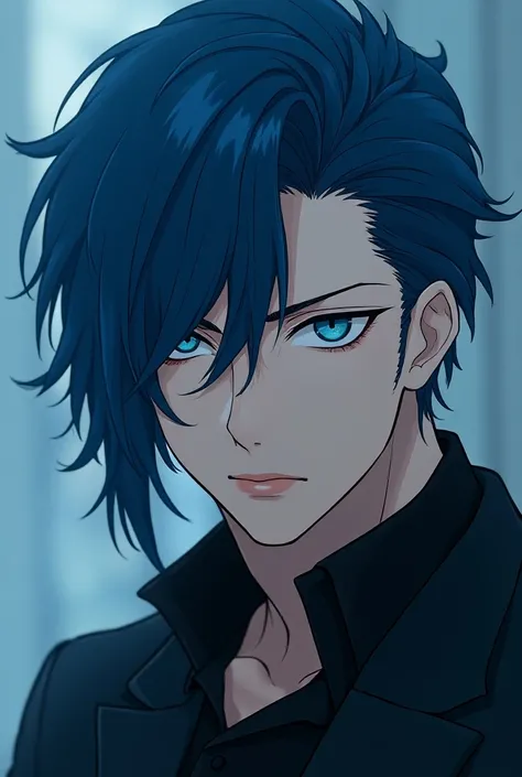 Beautifull charming young man with ocean blue colored hair, a hot mafia and emotionless cold light blue icy eyes. Anime semi realism artstyle 