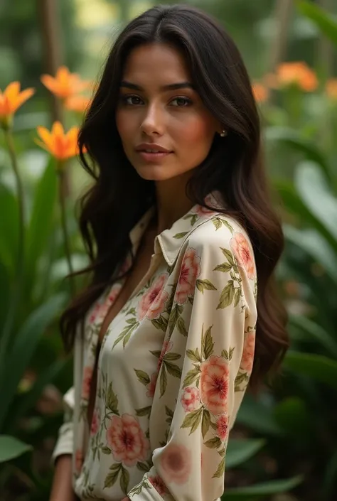 A Brazilian woman in a lush tropical garden, wearing an open shirt with a floral print,  with a close up capturing the harmonious beauty between her breasts and natural flowers,  showing her natural charm and outgoing personality. to hide