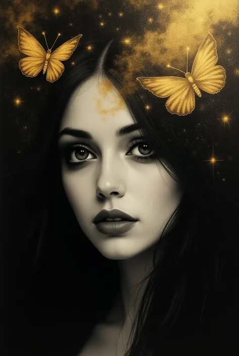 ,gorgeous and hot charcoal drawing of a charming female face,on a black background,A fascinating sight,long black hair,Long eyelashes,Pino Daeni style,golden and black spirit,liquid gold explosion,magic of golden smoke,golden dust,Golden Milky Way,Black ba...