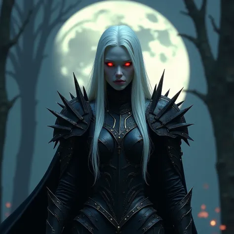 “An extremely beautiful and pale knight with long, almost white-blonde hair and glowing red eyes, wearing a black, intimidating armor adorned with intricate and sharp designs. The armor should convey a sense of dark power, appearing both menacing and elega...