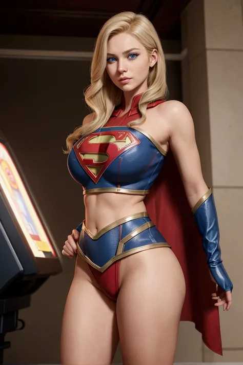 supergirl, from the game injustice 2, blonde hair and, blue eyes, big , beautiful, perfect proportion of the face), professional, high level of detail, Full body photo of the blonde (attractive 2 woman:1.3), (elegante stylish haircut)1.3, 1.455, Natural li...