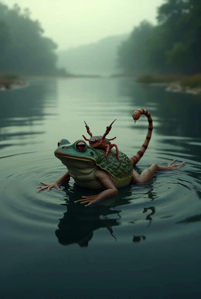 
Scene 4: Mid-River Crossing

"The frog is swimming in the middle of the river, its limbs paddling steadily through the water. The scorpion clings tightly to the frog’s back, its tail slightly curled. The water appears deeper and darker here, with ripples ...