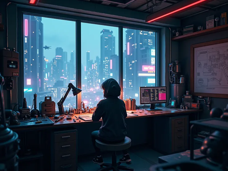 "((A dimly lit cyberpunk workshop with a massive floor-to-ceiling window that overlooks a sprawling futuristic cityscape)). The city outside glows with vibrant neon lights, towering skyscrapers, and hovering vehicles, casting colorful reflections into the ...